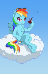 Size: 1098x1696 | Tagged: safe, artist:friendshipishorses, derpibooru import, rainbow dash, bird, pegasus, pony, alcohol, chest fluff, cloud, crossed legs, female, glass, hoof hold, looking at you, mare, sitting, sky, smiling, solo, sunglasses, wine, wine glass