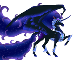 Size: 3256x2640 | Tagged: safe, artist:raizathe-dragon, derpibooru import, nightmare moon, alicorn, pony, armor, curved horn, ethereal mane, ethereal tail, female, galaxy mane, horn, hybrid wings, mare, profile, raised hoof, signature, simple background, solo, spread wings, white background, wings