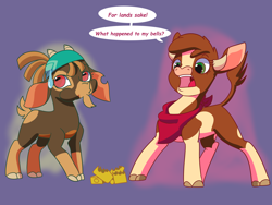 Size: 8000x6000 | Tagged: safe, artist:chedx, derpibooru import, arizona cow, shanty goat, cow, goat, them's fightin' herds, absurd resolution, bandana, bell, cloven hooves, community related, duo, eating, female, food, funny, purple background, simple background, surprised