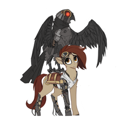 Size: 2744x2660 | Tagged: safe, artist:nsilverdraws, derpibooru import, oc, oc only, oc:radium gears, bird, earth pony, pony, robot, amputee, artificial intelligence, bag, bio in description, clothes, duo, duo focus, earth pony oc, exoskeleton, glowing eye, goggles, perching, prosthetic leg, prosthetic limb, prosthetics, saddle bag, simple background, steampunk, tanktop