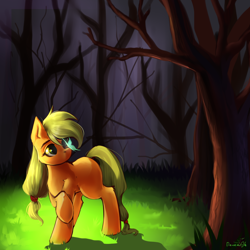 Size: 1600x1600 | Tagged: safe, artist:codliverno, derpibooru import, applejack, butterfly, earth pony, pony, blank flank, cute, female, forest, insect on nose, jackabetes, raised hoof, signature, solo, tree