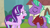 Size: 1280x720 | Tagged: safe, derpibooru import, screencap, firelight, starlight glimmer, pony, unicorn, the parent map, duo, eyes closed, father and child, father and daughter, female, hoof pointing, male, mare, parent and child, stallion, starlight is not amused, unamused