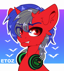 Size: 2000x2200 | Tagged: safe, artist:etoz, derpibooru import, oc, oc only, oc:noah, pony, unicorn, vampire, vampony, commission, eyebrows, fangs, gradient background, headphones, horn, male, solo, stallion, unicorn oc, wingding eyes