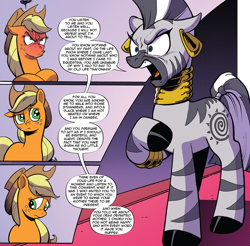 Size: 994x980 | Tagged: safe, artist:andypriceart, derpibooru import, edit, editor:wild stallions, idw, applejack, zecora, earth pony, pony, zebra, spoiler:comic, spoiler:comic89, angry, corrected, female, implied pear butter, mare, ooc is serious business, rhyming, season 10, shit just got real, text edit, when she doesn't rhyme