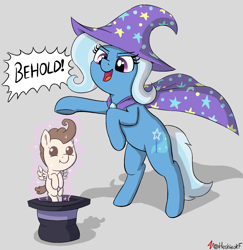 Size: 1475x1516 | Tagged: safe, artist:heretichesh, derpibooru import, pound cake, trixie, pegasus, pony, unicorn, :t, cape, clothes, colt, cutie mark, dialogue, female, foal, hat, magic, magic aura, magic trick, male, mare, text, top hat, trixie's cape, trixie's hat