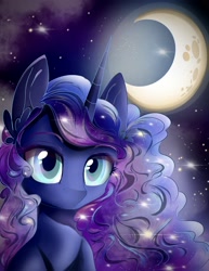 Size: 2550x3300 | Tagged: safe, artist:eris azure, derpibooru import, princess luna, alicorn, pony, alternate hairstyle, blue eyes, cute, dark background, ear fluff, eye, eyebrows, eyes, female, lunabetes, mare, moon, sky, solo, stars