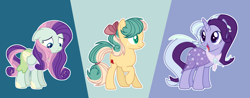 Size: 6000x2342 | Tagged: safe, artist:tersisa, derpibooru import, oc, oc only, earth pony, pegasus, pony, unicorn, female, high res, magical lesbian spawn, mare, offspring, parent:applejack, parent:bon bon, parent:fluttershy, parent:rarity, parent:starlight glimmer, parent:trixie, parents:flarity, parents:startrix