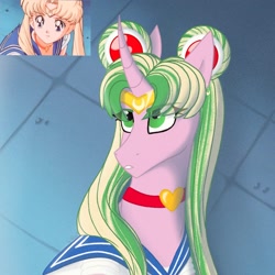 Size: 2048x2048 | Tagged: safe, artist:lunathemoongod, derpibooru import, oc, pony, unicorn, clothes, redraw, sailor moon, sailor moon redraw meme, sailor uniform, serena tsukino, solo, uniform