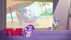 Size: 1920x1080 | Tagged: safe, derpibooru import, edit, edited screencap, screencap, spike, twilight sparkle, twilight sparkle (alicorn), alicorn, dragon, pony, my little pony: pony life, the cutie re-mark, spoiler:my little pony: pony life, beach, crazy straw, discovery family logo, female, like a boss, mare, simple background, ted talk, transparent background, twi talk, twilight sparkle's slide, vacation