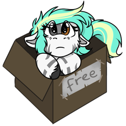 Size: 569x567 | Tagged: safe, artist:rokosmith26, derpibooru import, part of a set, oc, oc only, oc:rokosmith, pegasus, pony, box, chibi, colored, cute, eye clipping through hair, female, floppy ears, heterochromia, looking at you, mare, puppy dog eyes, roko's box ponies, simple background, solo, stripes, text, transparent background, weapons-grade cute