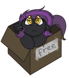 Size: 534x605 | Tagged: safe, artist:rokosmith26, derpibooru import, part of a set, oc, oc only, oc:lunier constantine, bat pony, pony, box, chibi, colored, cute, eye clipping through hair, female, floppy ears, looking at you, mare, puppy dog eyes, roko's box ponies, simple background, solo, text, transparent background, weapons-grade cute