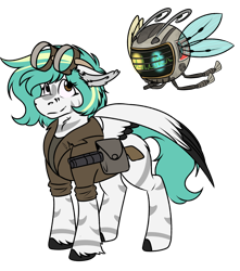 Size: 994x1123 | Tagged: safe, artist:rokosmith26, derpibooru import, oc, oc only, oc:rokosmith, pegasus, pony, robot, fallout equestria, bag, clothes, coat markings, colored wings, ear fluff, female, floppy ears, goggles, gun, heterochromia, hoof fluff, looking up, mare, messy mane, multicolored wings, short hair, short mane, shotgun, simple background, solo, spread wings, spritebot, standing, stripes, transparent background, weapon, wings
