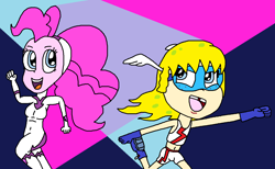 Size: 1283x790 | Tagged: safe, artist:logan jones, derpibooru import, fili-second, pinkie pie, equestria girls, anime, crossover, fast, female, femboy, male, power ponies, running, semi-suggestive, skintight clothes, spongebob squarepants, superhero, the quickster