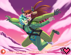 Size: 4400x3400 | Tagged: safe, artist:ladypixelheart, derpibooru import, sandbar, yona, anthro, clothes, commission, falling, female, goggles, harness, jumpsuit, male, parachute, patreon, patreon logo, shipping, sky, skydiving, straight, tack, yonabar