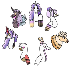 Size: 2480x2304 | Tagged: safe, artist:kindheart525, derpibooru import, oc, oc only, oc:aphid, oc:ardor, oc:augustus, oc:gaia, oc:gideon, oc:laurel, oc:periwinkle, alicorn, changeling, dragon, griffon, hippogriff, kirin, yak, alicorn oc, auraverse, horn, purple changeling, simple background, transparent background, wings