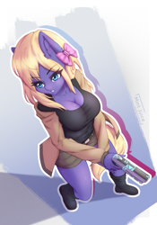 Size: 2477x3543 | Tagged: safe, artist:mintjuice, derpibooru import, oc, oc only, oc:ruby shears, anthro, plantigrade anthro, action pose, anthro oc, breasts, cleavage, clothes, commission, eye clipping through hair, female, gun, handgun, looking at each other, mare, pistol, solo, weapon, ych result