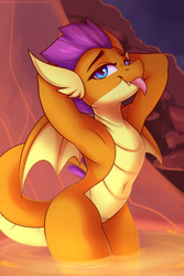 Size: 1000x1500 | Tagged: safe, artist:shadowreindeer, derpibooru import, smolder, dragon, adorasexy, arm behind head, belly button, cute, dragoness, female, lava, sexy, solo, solo female, tongue out