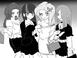 Size: 1413x1069 | Tagged: safe, artist:ceitama, derpibooru import, fluttershy, pinkie pie, rarity, twilight sparkle, equestria girls, black and white, grayscale, group, monochrome, pinkamena diane pie