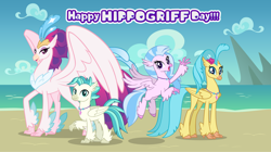 Size: 1280x719 | Tagged: safe, artist:andoanimalia, derpibooru import, princess skystar, queen novo, silverstream, terramar, classical hippogriff, hippogriff, my little pony: the movie, aunt and nephew, aunt and niece, beach, brother and sister, cousin, cousins, female, hippogriffia, male, mother and child, mother and daughter, parent and child, quartet, show accurate, siblings