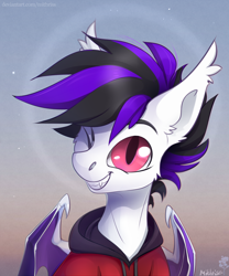 Size: 2500x3000 | Tagged: safe, artist:mithriss, derpibooru import, oc, oc only, bat pony, pony, bat pony oc, bat wings, clothes, cute, cute little fangs, fangs, hoodie, male, one eye closed, solo, wings, wink