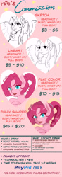 Size: 3500x10000 | Tagged: safe, artist:nieshjj, derpibooru import, pinkie pie, twilight sparkle, earth pony, pony, advertisement, commission info, text