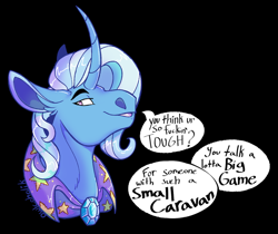 Size: 1500x1262 | Tagged: safe, artist:owlcoholik, derpibooru import, trixie, cape, clothes, dialogue, smug, text, trixie's cape, vulgar