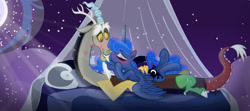 Size: 1992x886 | Tagged: safe, artist:elementalokami, derpibooru import, discord, princess luna, alicorn, draconequus, pony, bedroom eyes, blushing, female, luna's room, lunacord, male, moon, night, shipping, straight