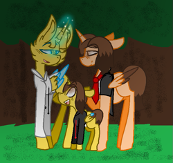 Size: 653x616 | Tagged: safe, artist:jabuxgirl, derpibooru import, oc, oc only, oc:jabuti, oc:nick777, oc:stux777, alicorn, pony, clothes, forest background, gamer, gay, jabux, lgbt, lgbt headcanon, male, male pregnancy, males only, ponified, pregnant, youtuber