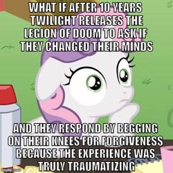 Size: 500x500 | Tagged: safe, derpibooru import, edit, edited screencap, screencap, sweetie belle, pony, unicorn, ponyville confidential, the ending of the end, a better ending for chrysalis, a better ending for cozy, a better ending for tirek, caption, cropped, exploitable meme, female, filly, headcanon, horn, image macro, implied chrysalis, implied cozy glow, implied tirek, implied twilight sparkle, meme, obligatory pony, solo, sudden clarity sweetie belle, text, theory, two toned mane, what if, white coat, wide eyes