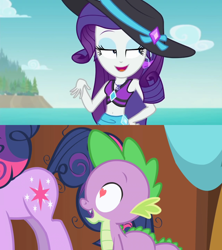 Size: 1280x1440 | Tagged: safe, derpibooru import, edit, edited screencap, screencap, rarity, spike, twilight sparkle, dragon, better together, equestria girls, friendship is magic, lost and found, beach, belly button, bikini, clothes, ear piercing, earring, female, geode of shielding, hat, heart eyes, jewelry, magical geodes, male, offscreen character, piercing, sarong, shipping, shipping domino, sparity, straight, swimsuit, wingding eyes