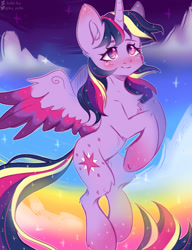 Size: 2000x2600 | Tagged: safe, artist:zefirka, derpibooru import, twilight sparkle, twilight sparkle (alicorn), alicorn, cheek fluff, chest fluff, cloud, colored wings, cute, ear fluff, flying, high res, leg fluff, multicolored wings, rainbow power, sky, solo, twiabetes, wings