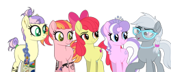 Size: 3500x1466 | Tagged: safe, artist:angelina-pax, artist:dianamur, derpibooru import, apple bloom, diamond tiara, silver spoon, oc, oc:apple punch, oc:pristine pearl, earth pony, pony, alternate hairstyle, apple bloom's bow, applespoon, base used, blank flank, bow, commission, diamondbloom, ear piercing, earring, eyebrow piercing, eyeshadow, family, female, glasses, hair bow, icey-verse, jewelry, lesbian, magical lesbian spawn, makeup, mare, mother and child, mother and daughter, necklace, nonbinary, nose piercing, nose ring, offspring, older, older apple bloom, older diamond tiara, older silver spoon, open mouth, parent and child, parent:apple bloom, parent:diamond tiara, parents:diamondbloom, piercing, polyamory, raised hoof, scar, shipping, siblings, silverdiamondbloom, silvertiara, simple background, sisters, tattoo, tiara, transparent background, twins, wall of tags, ych result