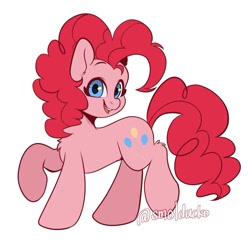 Size: 1135x1143 | Tagged: safe, artist:cottonsweets, derpibooru import, pinkie pie, earth pony, pony, chest fluff, cute, diapinkes, female, leg fluff, looking at you, mare, open mouth, simple background, solo, white background