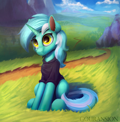 Size: 2464x2509 | Tagged: safe, artist:foxpit, derpibooru import, lyra heartstrings, pony, unicorn, clothes, cute, dig the swell hoodie, female, forest, hoodie, looking at you, mare, mountain, outdoors, scenery, signature, solo