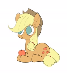 Size: 1904x2048 | Tagged: safe, artist:noupu, derpibooru import, applejack, earth pony, pony, apple, cute, female, food, jackabetes, mare, no catchlights, no pupils, prone, simple background, solo, white background