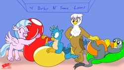 Size: 3840x2160 | Tagged: safe, artist:rupertbluefox, derpibooru import, gabby, gallus, gilda, silverstream, classical hippogriff, griffon, hippogriff, balloon, balloon fetish, balloon fun, balloon sitting, belly, belly button, bipedal, birb, blowing up balloons, female, fetish, hug, male, smiling, squishy, that pony sure does love balloons