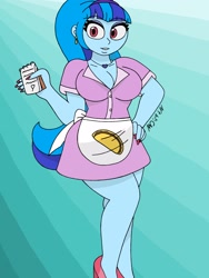 Size: 1932x2576 | Tagged: safe, artist:c_w, derpibooru import, sonata dusk, equestria girls, apron, breasts, cleavage, clothes, ear piercing, earring, eyelashes, eyeshadow, food, hand on hip, jewelry, legs, looking at you, makeup, nail polish, pendant, piercing, plump, smiling, sonata bust, sonataco, taco, waitress