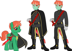 Size: 6239x4500 | Tagged: safe, artist:limedazzle, derpibooru import, oc, oc only, oc:ruby sword, pony, equestria girls, bio in description, cape, cloak, clothes, cutie mark, glare, looking at you, military, military uniform, reference sheet, show accurate, simple background, stern, sword, transparent background, weapon
