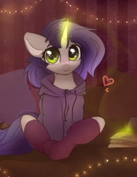 Size: 1324x1713 | Tagged: safe, artist:reterica, derpibooru import, oc, oc only, oc:moonsonat, pony, unicorn, :3, book, clothes, female, gift art, glowing horn, heart, hoodie, horn, looking at you, magic, mare, pillow, sitting, smiling, socks, solo, string lights