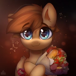 Size: 1594x1600 | Tagged: safe, artist:reterica, derpibooru import, oc, oc only, pony, abstract background, bouquet, eye clipping through hair, flower, gift art, looking at you, smiling, solo