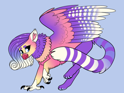 Size: 2800x2100 | Tagged: safe, artist:loryska, derpibooru import, oc, hippogriff, hybrid, blue background, interspecies offspring, magical lesbian spawn, offspring, parent:gilda, parent:princess cadance, simple background, solo