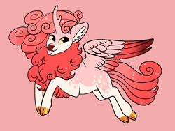 Size: 2800x2100 | Tagged: safe, artist:loryska, derpibooru import, oc, hybrid, cloven hooves, interspecies offspring, kirin hybrid, magical lesbian spawn, offspring, parent:autumn blaze, parent:princess cadance, simple background, solo, tongue out, two toned wings, wings