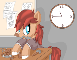 Size: 1920x1500 | Tagged: safe, artist:notadeliciouspotato, derpibooru import, oc, oc only, oc:cottonwood kindle, earth pony, pony, atg 2020, chisel, clock, figurine, gift art, male, mouth hold, newbie artist training grounds, smiling, solo, stallion, table