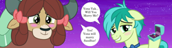 Size: 2560x720 | Tagged: safe, artist:cloudyglow, derpibooru import, edit, edited screencap, screencap, sandbar, yona, earth pony, pony, yak, she's all yak, the big mac question, blushing, bowtie, box, cute, engagement ring, female, jewelry, male, marriage proposal, night, night sky, object, ring, sandabetes, shipping, shipping domino, sky, straight, vector, yonabar, yonadorable