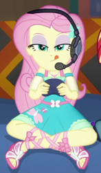 Size: 324x551 | Tagged: safe, derpibooru import, screencap, fluttershy, better together, equestria girls, game stream, controller, cropped, crossed legs, cute, shyabetes