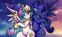 Size: 2048x1229 | Tagged: safe, artist:canvymamamoo, derpibooru import, princess celestia, princess luna, alicorn, pony, belly button, blushing, duo, ear fluff, female, hoof shoes, jewelry, lidded eyes, looking at you, mare, peytral, regalia, royal sisters, sisters, smiling, stars