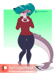 Size: 969x1280 | Tagged: safe, artist:whisperfoot, derpibooru import, oc, oc only, oc:fionna, anthro, original species, shark, shark pony, blushing, clothes, female, floppy ears, flustered, heart hands, hoodie, looking away, nervous, pants, patreon, patreon logo, ponytail, solo, teal eyes, yoga pants