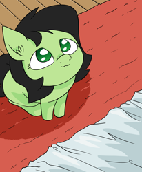 Size: 700x850 | Tagged: safe, artist:happy harvey, derpibooru import, oc, oc:anon filly, :3, bed, bedroom, behaving like a cat, behaving like a dog, colored pupils, drawn on phone, ear fluff, female, filly, looking up, rug, sheet, sitting