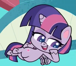 Size: 681x588 | Tagged: safe, derpibooru import, screencap, twilight sparkle, twilight sparkle (alicorn), alicorn, meet potion nova!, my little pony: pony life, spoiler:pony life s01e21, cropped, flying, lidded eyes, open mouth, smiling, solo