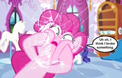 Size: 1024x651 | Tagged: safe, artist:silverbuller, derpibooru import, pinkie pie, rarity, earth pony, pony, unicorn, breaking the fourth wall, broken, carousel boutique, fourth wall, ponyquin, shattered, shattered glass, speech bubble, text, touching face